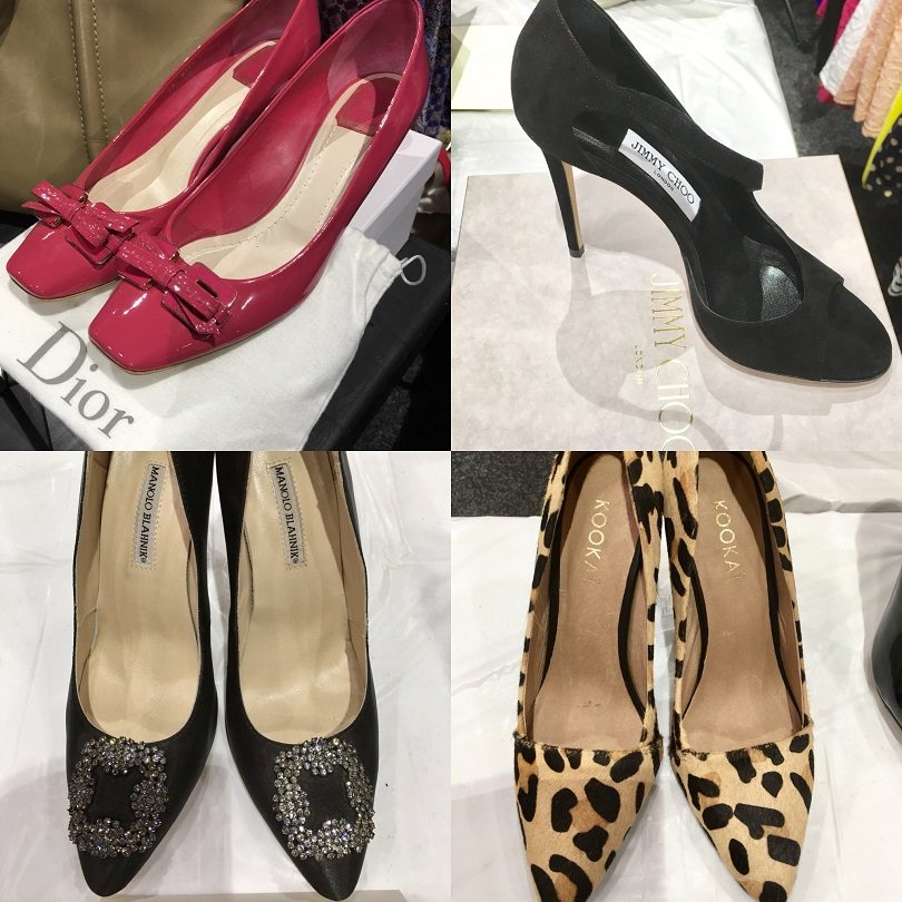 Designer shoes at the Canberra Fashion Market. From L to R: Dior, Jimmy Choo, Manolo Blahnik and Kookai.