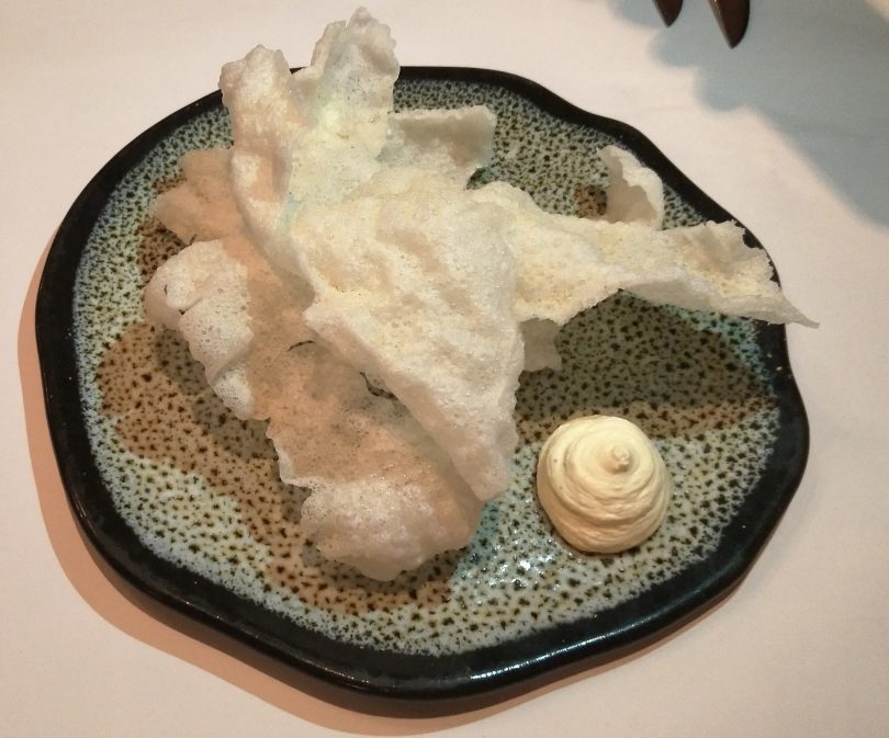 Homemade prawn crackers were served on a beautiful handmade plate. I immediately recognised the inimitable and beautiful glaze of local potter Chris Harford. 