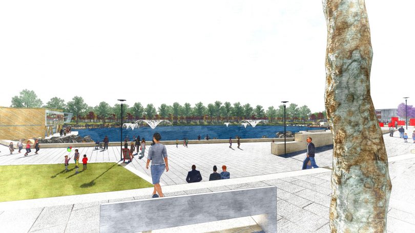 An artist's impression of the town centre lake, boardwalk and and facilities.