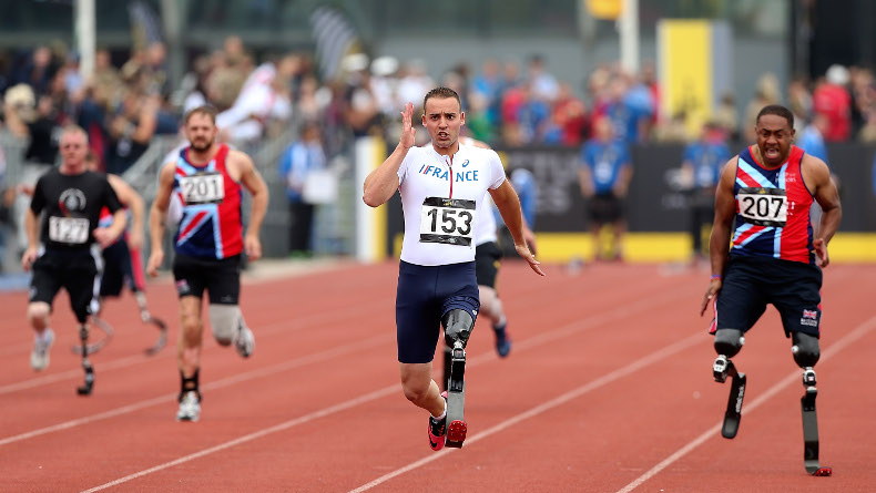 Robert Phillipe of France in action during the men's 100m Ambulant IT2 at Day One of the Invictus Games at Lee Valley Athletics Stadium 2014 in London, England. Photo: Ben Hoskins/Getty Images for Invictus Games.