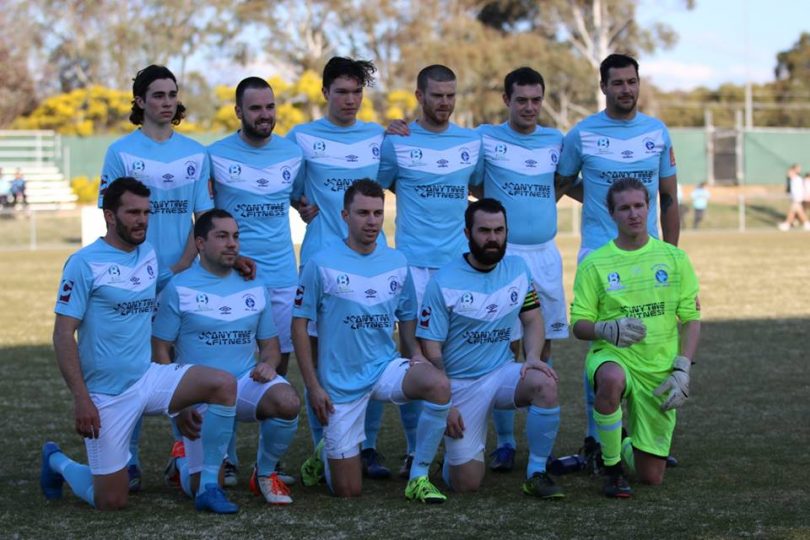 The starting team in the 2017 grand final, with Cam Reinhart front row, second from the left. Photo: Supplied by Belconnen United.