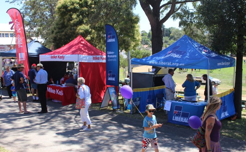 Labor and Liberal, side by side at the Bega Show inviting discussion. Photo: Ian Campbell