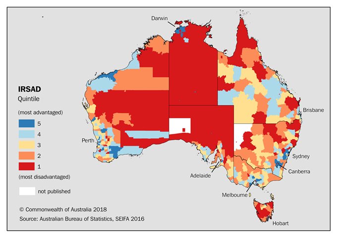 ABS: Image: Index of relative advantage and disadvantage quintiles (20 per cent lots) for Local Government Areas.