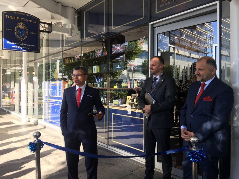 Chief Minister, Andrew Barr, officially opening, Truefitt & Hill in Canberra.
