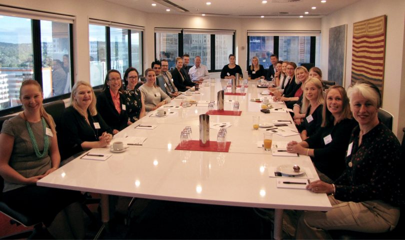 The HR Breakfast Club hosted by BAL Lawyers happens on the third Friday of each month. Genevieve Jacobs, sitting at the front of the table in black, says real world perspectives are shared that flow into her new podcast series.