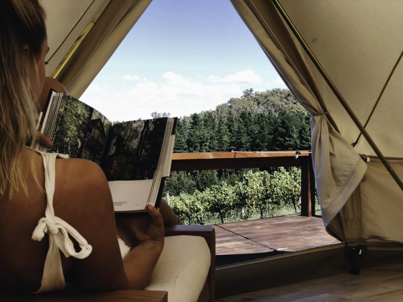 The cellar door is just 600 metres away from your unqiue bell tent overlooking the vineyard. Photo: supplied.