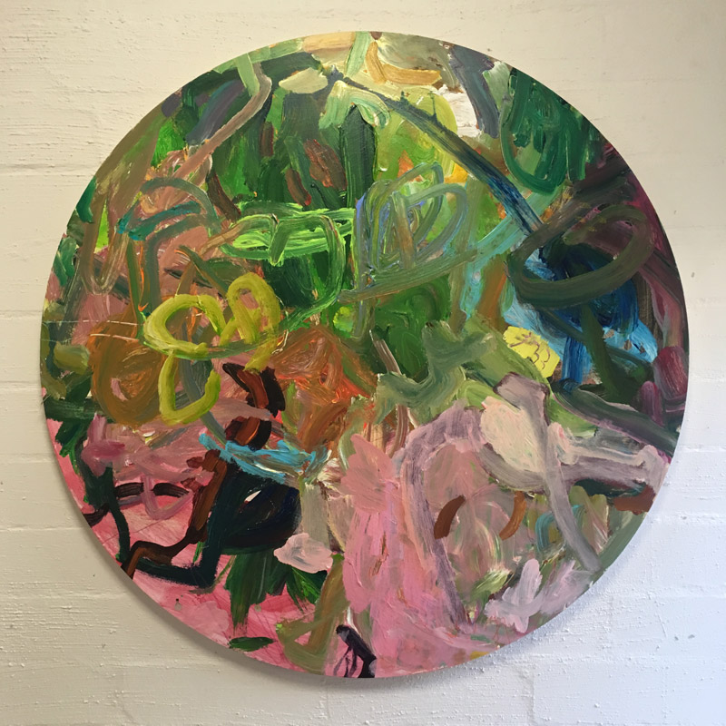 Anne-Marie Jean, Garden painting, 2018. Acrylic and water colour on board, 90 x 90cm.