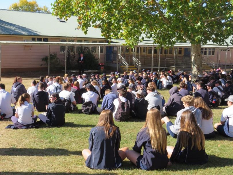Snowy Hydro boss Paul Broad announcing $520,000 in funding for the school nurse trial at Monaro and Tumut High Schools. Photo: Bronnie Taylor Favebook.