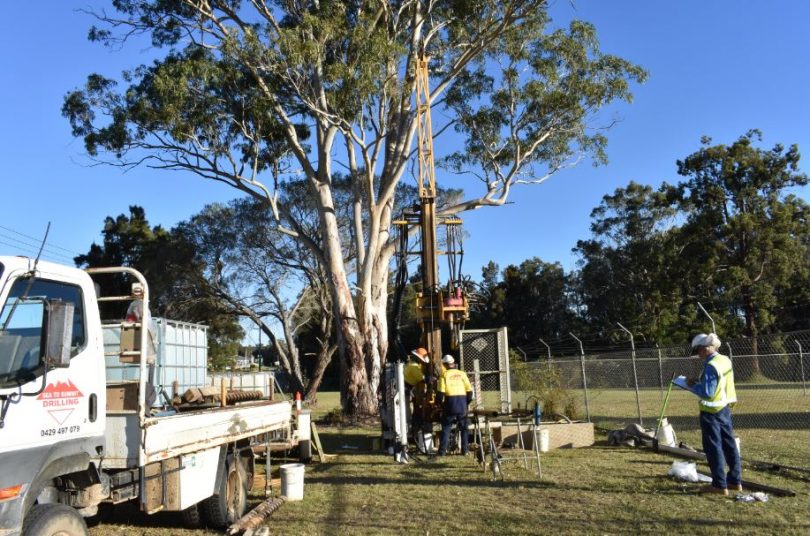 Jim Sheather and Andrew Burgess from Mogo-based Sea to Summit Drilling test ground conditions at Mackay Park, Batemans Bay. Photo: ESC