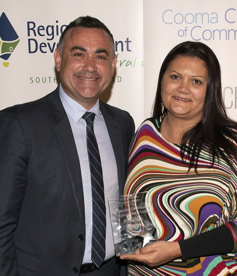 Pauline Coxon with the NSW Deputy Premier and Membor for Monaro, John Barilaro at the Snowy Monaro Business Awards. Photo: Pauline Coxon Art Gallery Facebook.