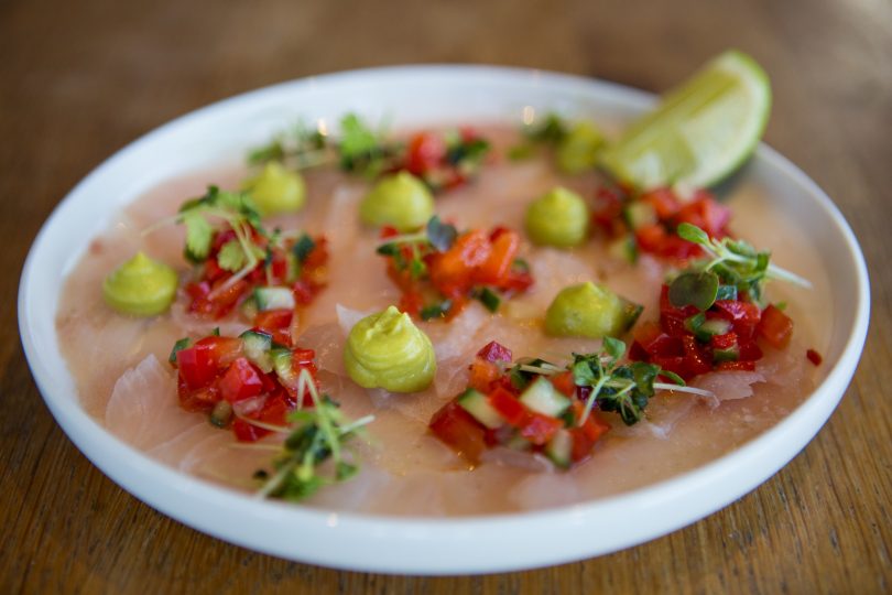 Hiramasa Kingfish Ceviche with cucumber, capsicum and chilli salsa with avocado cream.