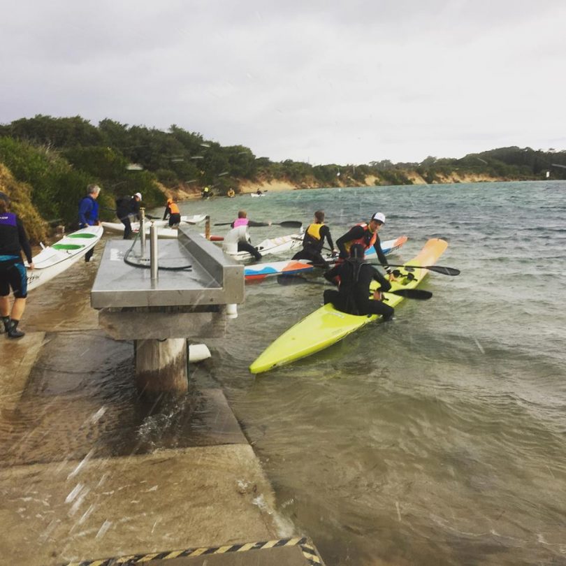 Foul weather at Tomakin for Round 1 of the Far Sout Coast Winter Ski Paddle Series, 28 hearty souls took part. Photo: South Coast Paddler Facebook.