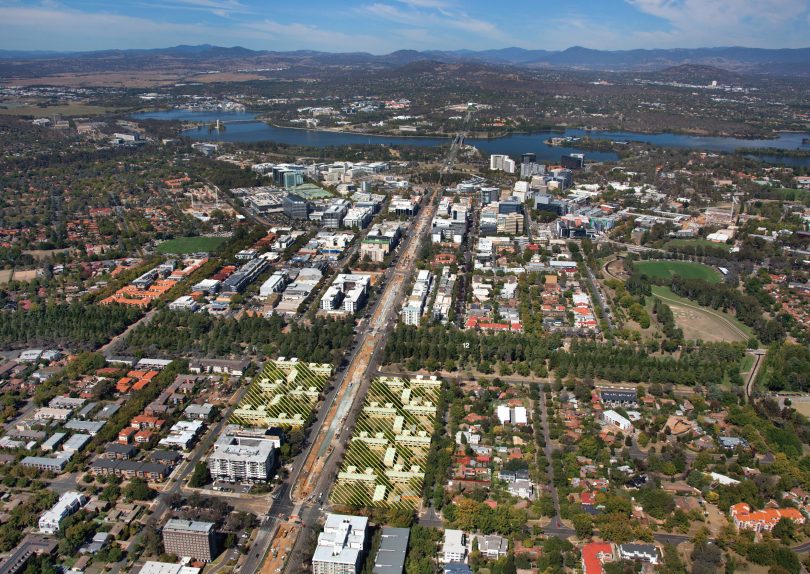 An aerial map showing the Braddon and Turner sites on Northbourne Avenue, shaded. Photo: Supplied