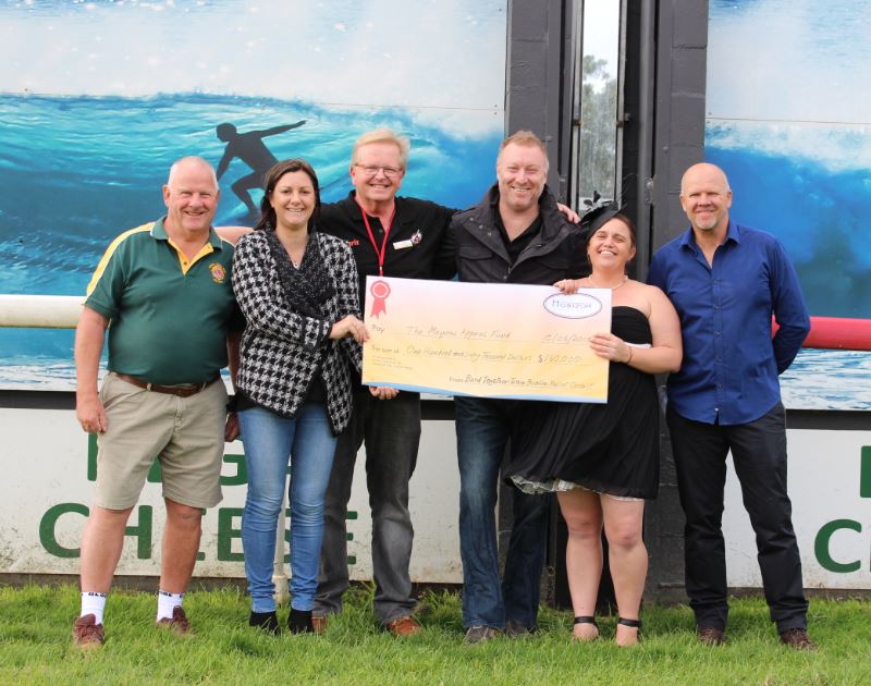 Rex Kermode - Tathra Lions, Bega Valley Shire Mayor Kristy McBain, Chris Nicholls, Darren Jones, Jess Ryan, Rob Tweedie - Sapphire Coast Turf Club. Absent - Peter Whiter - Band Toghether video and photo coordinator/ Photo: Ian Campbell.