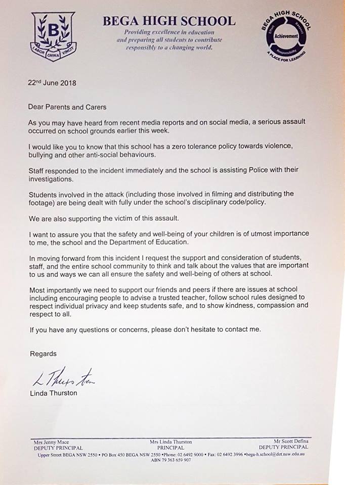 The letter sent home with Bega High Students today. Photo: Bega High Facebook.