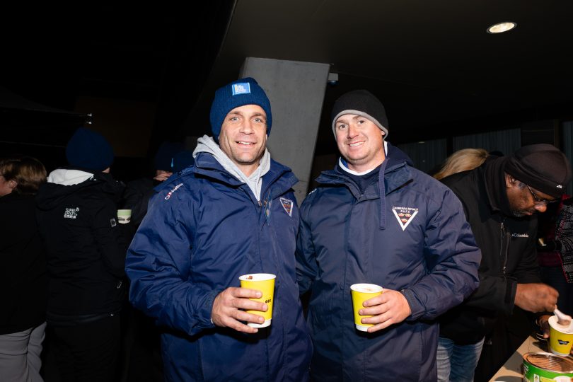 Craig McMahon and Pete Murrell from Canberra Royals at the CEO Sleepout. Photo: Daniella Jukic.