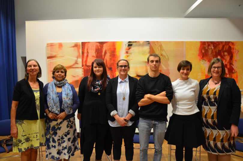 Making Space Socialise presenters. L-R: Lelde Vitols, Dr Sunita Dhindsa, Louise Billman, Susan Cadman, William Scott, Milicia Muminovic, Suzanne Orr MLA. Photo: Supplied