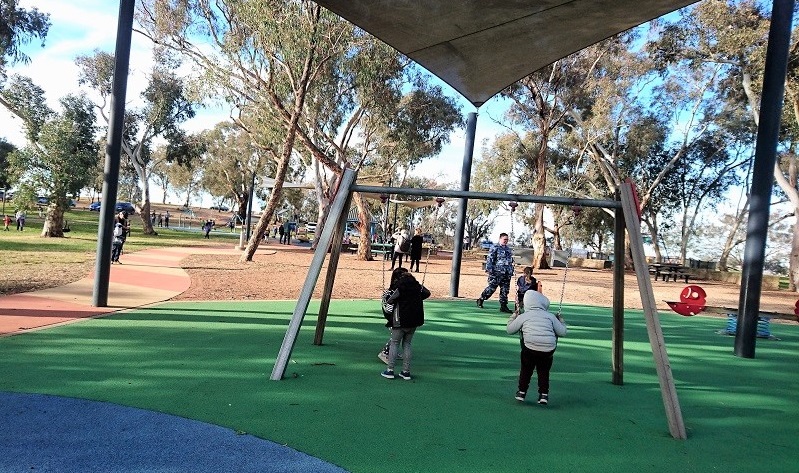 The playful sounds of Black Mountain Peninsula playground were drowned out by a drone being flown at high speed near children. Photo: Brad Watts.