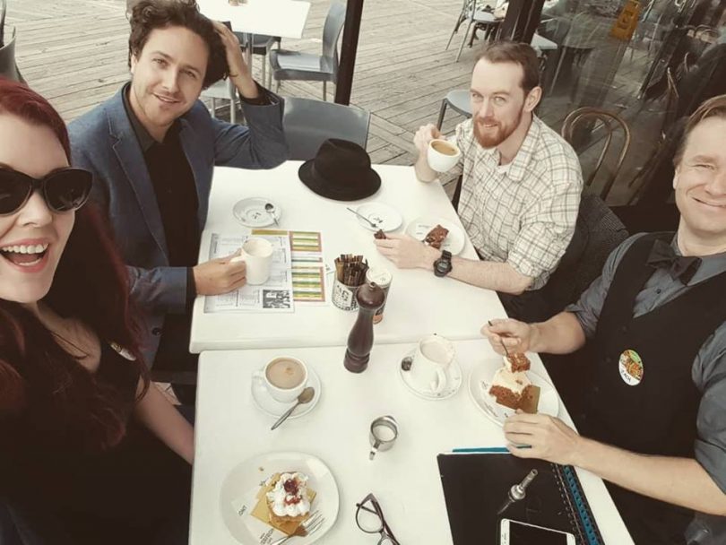 The Zackerbilks from Canberra, a quick coffee between sets at the 38th Merimbula Jazz Festival. Photo: Zackerbilks Facebook.