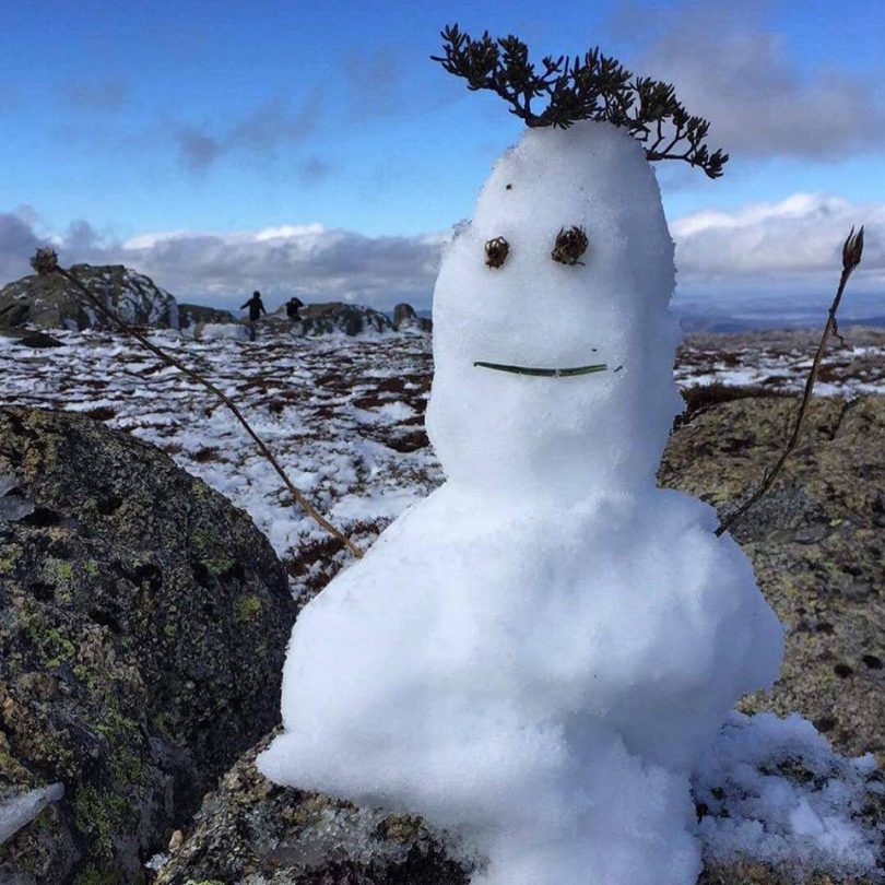 "Building snowman before the gig." The Hot Potato Band at the Peak Music Festival. Photo: Peak Facebook.