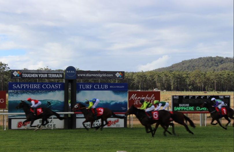 Jesse Taylor on Sunday Poet claims races 1 at Sapphire Coast Turf Club. Jesse and trainer Theresa Bateup went on to also win races 2 and 3. Photo: Ian Campbell.