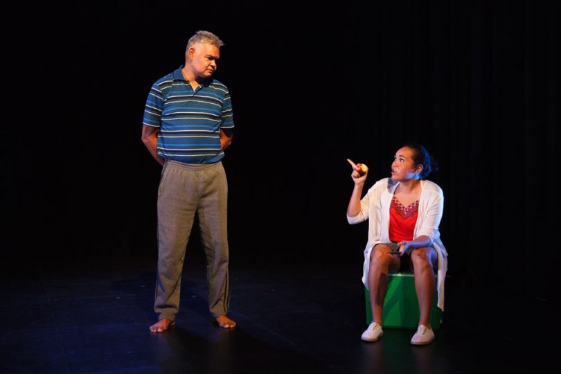 Kamahi Djordon King as Dad and Katie Beckett as Tash in a rehearsal of WHICH WAY HOME. Photo: Snehargho Ghosh