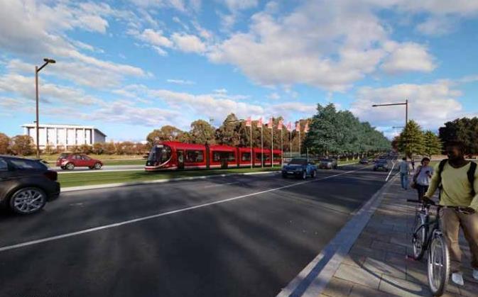 An artist's impression of the Commonwealth Avenue median with light rail. Images: Transport Canberra.