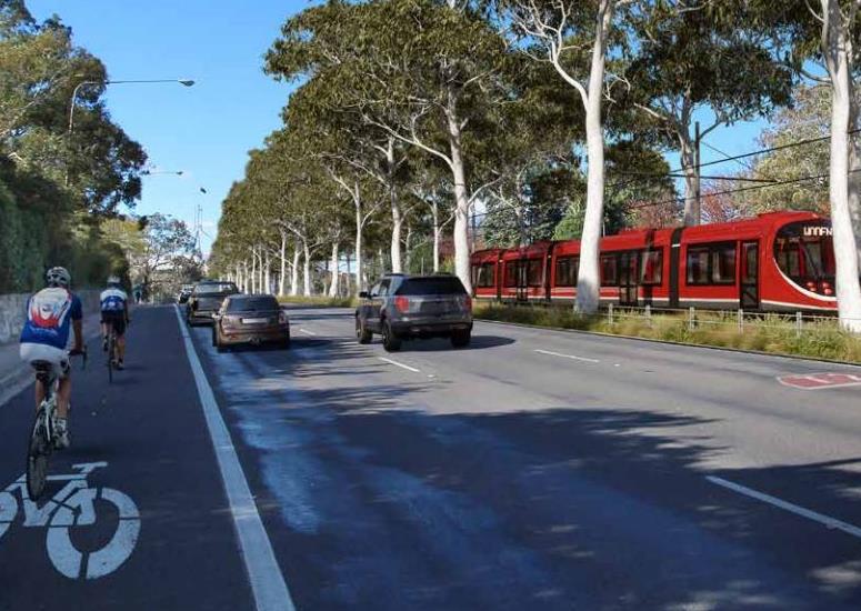 An artist's impression of Adelaide Avenue with a treed median and light rail.