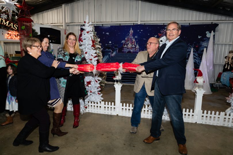 Cheryl rule, Sara wightman Laura shelley, Mike Welch, cr. Tim Overall the mayor Queanbeyan-Palerang Regional Council officially launch the markets with a ceremonial bon bon 