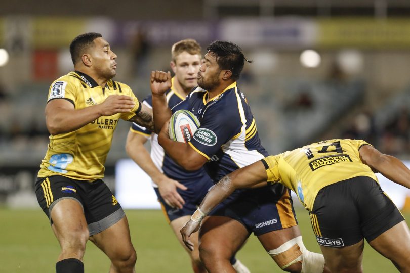 Folau Fainga'a led from the front during the Brumbies 24-12 win over the Hurricanes at GIO Stadium. Photo: Photox – Canberra Photography Services.