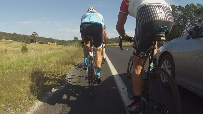 Hardly a 1.5 metre gap - it's the law. Cycling in the Bega Valley. Photo: Kate Smith.