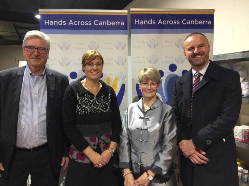 Hands Across Canberra CEO Peter Gordon, Minister for Social Services and Social Inclusion Rachel Stephen-Smith, Hands Across Canberra Chair Diane Kargas Bray, and Chief Minister Andrew Barr. Photo: Tim Benson.