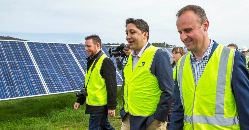 Future Super's Adam Verwey and Simon Sheikh with Chief Minister Andrew Barr at the opening of the Majura Solar Farm. Photo: Sean Davey.