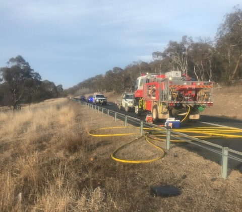 The Monaro Highway at Michelago was closed for around 10 hours after 3 people were killed in a head on collision last night. Photo: Monaro Police District.