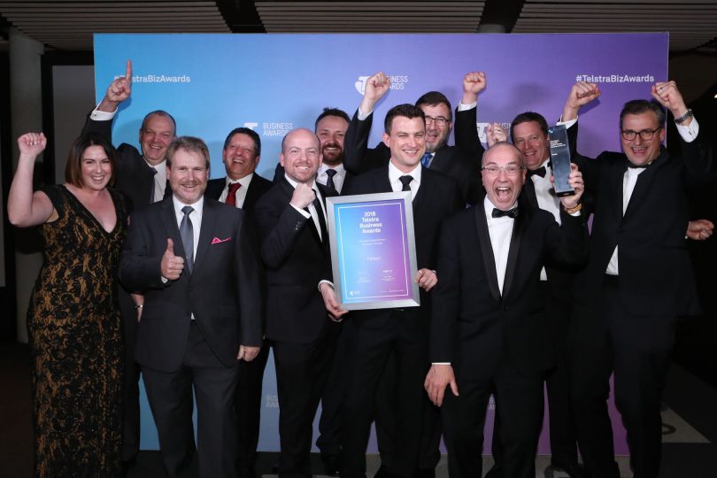 The Penten team celebrate their win at the 2018 Telstra Australian Capital Territory Business of the Year Awards. Photos: Supplied.