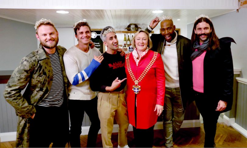 Mayor Rowena Abby (in her own bling) welcomes Queer Eye to Yass. Photo: Supplied.