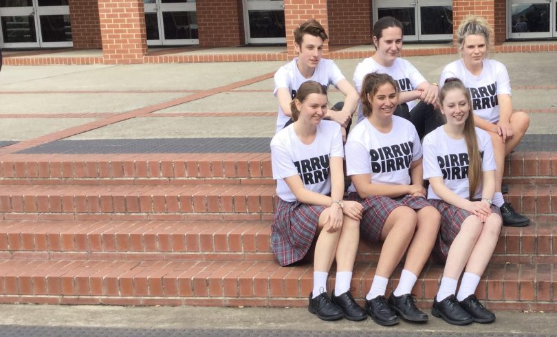 Radford College students Isla Baird, Annie Creer, Lydia Murray, Hugo Webster and Niamh Martin proudly wear their festival t-shirts