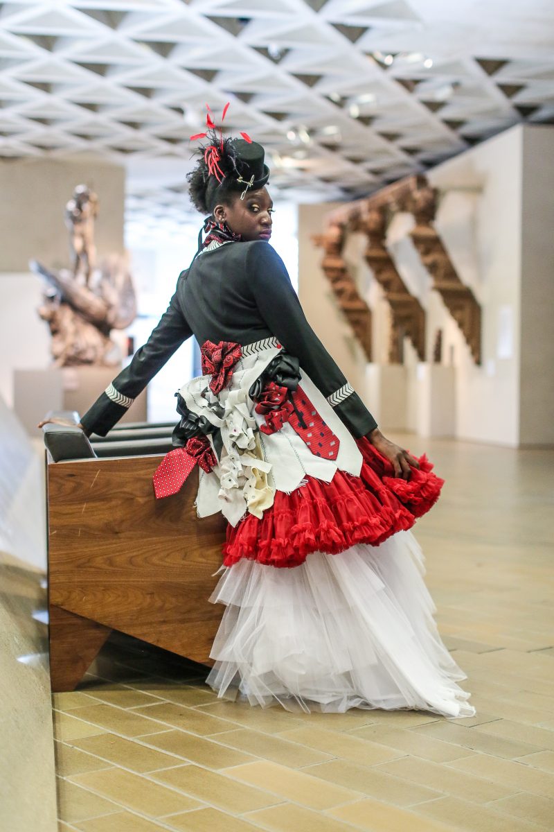A bustle created by Thunder Thighs out of pre-loved men's silk ties and other recycled material. Photo taken at the National Gallery of Australia.