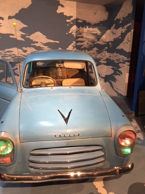 Sky blue Ford Anglia at Quizzic Alley. Photo: Tim Gavel.