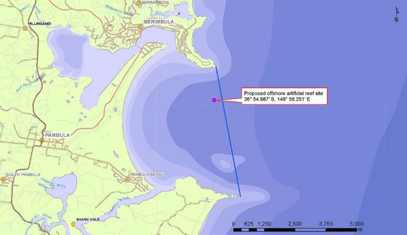 The artificial reef in Merimbula Bay, between Merimbula (Long) Point and Haycock Point. Photo: DPI.