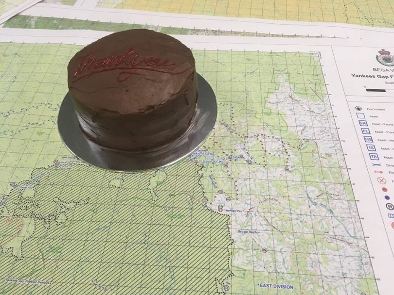 A "Thank You" cake dropped into Bega RFS HQ this week by an appreciative Brogo resident. Photo: Bega Valley RFS Facebook.