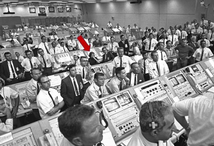 In the Firing Room at NASA's Kennedy Space Center on July 16, 1969, following the successful liftoff of Apollo 11. In the center of the photograph is JoAnn Morgan, the only woman engineer among scores of male counterparts. Photo: NASA.