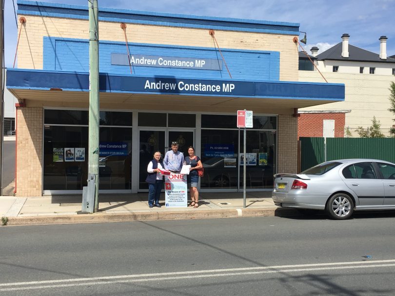 Mylene and Fitzroy Boulting and Georgie Rowley from the One Eurobodalla Hospital group traveled to the Bega office of Andrew Constance to deliver their 3000 signature petition. Photo: Ian Campbell.