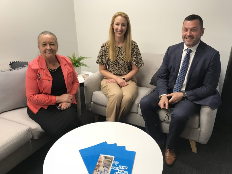 Brindabella Labor MLA Joy Burch, Lifeline Canberra CEO Carrie Leeson and Vikings Group CEO Anthony Hill in the support room at the Erindale Vikings.