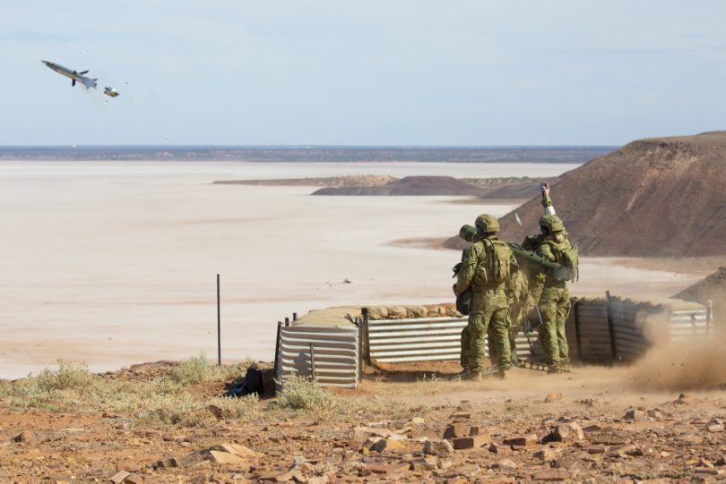 The 110th Field Battery, and 16th Air Land Regiment conducting Exercise Remagen Bridge, an all-arms air defene and advanced missile live-fire exercise at Woomera Test Range in April 2018. Photo: Defence Media.