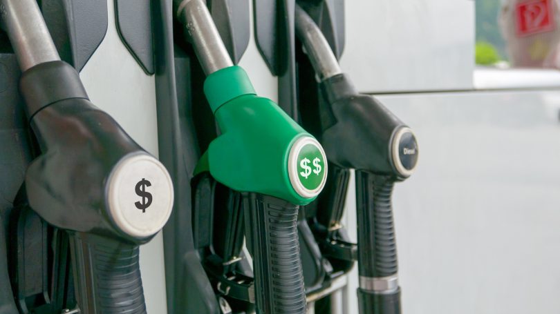 Petrol prices, dispensers with USD dollar symbol angle view