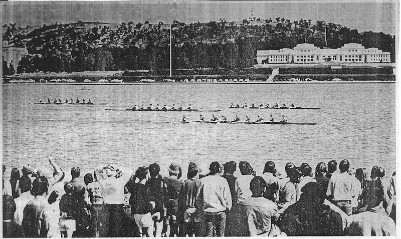 Ahead of the river race in the 1970s. Photos: Supplied by Canberra Grammar School. 