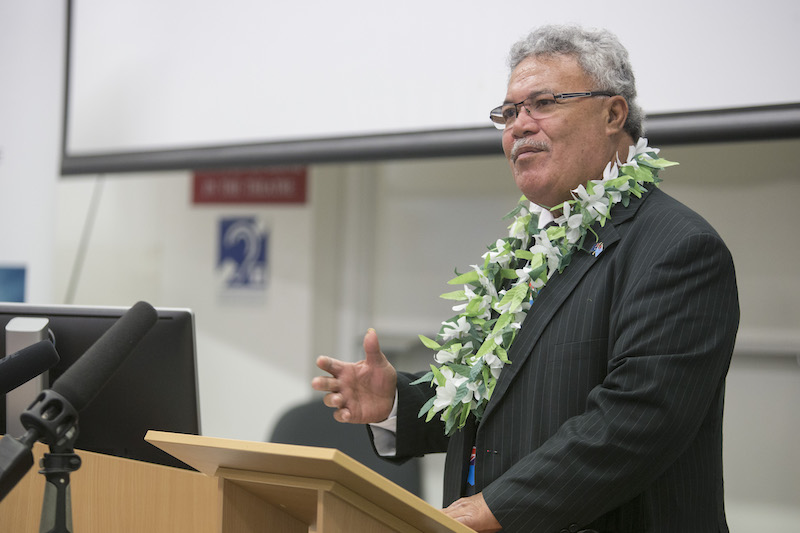 The Prime Minister of Tuvalu, Rt. Hon Enele Sosene Sopoaga, discusses the impacts of climate change on Tuvalu at the ANU. Photos: Supplied.