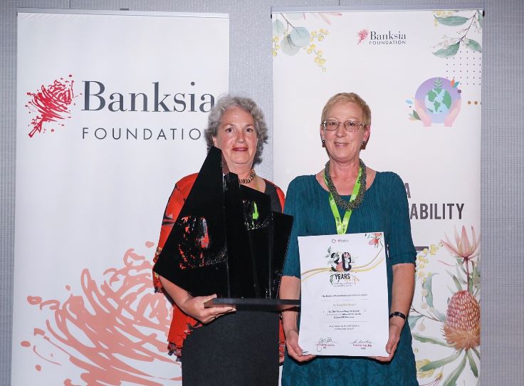 Fiona Stewart, Atlas of Life Budawang Coast, and Libby Hepburn, Atlas of Life in the Coastal Wilderness, with there Banksia Award. Photo: Banksia Foundation.