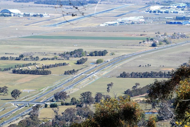 Aerial view of Majura Parkway and surrounding rural land.